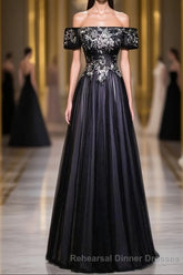 Beauty Off The Shoulder Floor Length Lace Up Long Black Semi Formal Prom Dresses With Appliques